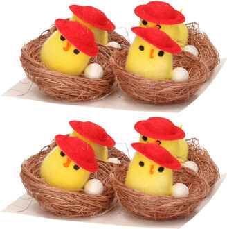 Set van 8x stuks paaskuikens in mand - geel met rood hoedje - 4 cm