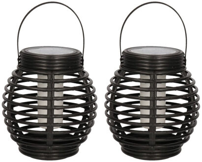 Set van 8x stuks solar lantaarn - zwart - vlam effect - 15 cm - zonne-energie tuinlantaarn - tuinver