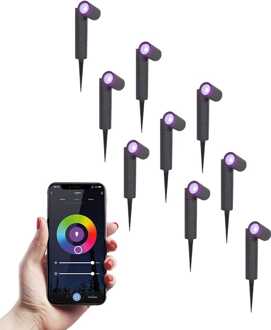 Set van 9 Pinero - Smart LED Prikspot - IP65 waterdicht - 5,5 Watt 345 Lumen - RGBWW - GU10 - Wifi + Bluetooth - IP65 Waterdicht - Bestuurbaar via app - Google Home, Amazon Alexa en Siri - Zwart - Tuinspots