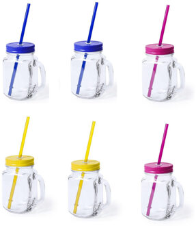Set van 9x glazen drinkbekers dop/rietje 500ml geel/blauw/roze