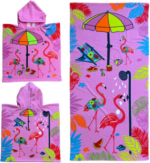 Set van bad cape/poncho met strand/badlaken microvezel - Strandhanddoeken voor kinderen met flamingo - Badcapes Roze