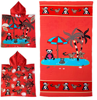 Set van bad cape/poncho met strand/badlaken voor kinderen dierenprint print microvezel - Badcapes Rood