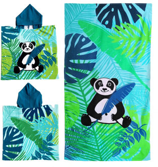 Set van bad cape/poncho met strand/badlaken voor kinderen panda print microvezel - Badcapes Multikleur