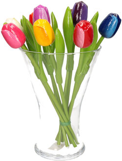 Set van bos houten tulpen boeket 34 cm in glazen vaas 25 cm - Kunstbloemen Multikleur