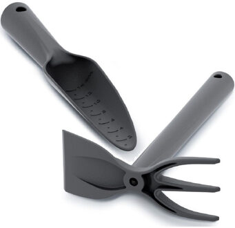Set van een zwarte kunststof hark/schoffel en tuinschep 29 cm