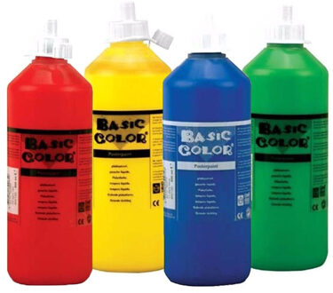 Set van groene, rode blauwe en gele plakkaatverf van 4x 500 ml - Hobbyverf Multikleur