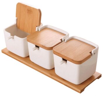 Set Van Keramische Kruiden Rack Spice Potten Kommen Met Lepel & Porselein Doos En Bamboe Cover-Opslag Container