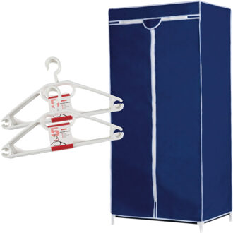 Set van mobiele opvouwbare kledingkast met blauwe hoes 160 cm en 10x plastic kledinghangers wit