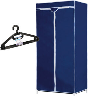 Set van mobiele opvouwbare kledingkast met blauwe hoes 160 cm en 10x plastic kledinghangers zwart - Campingkledingkasten