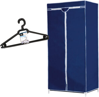 Set van mobiele opvouwbare kledingkast met blauwe hoes 160 cm en 10x plastic kledinghangers zwart - Campingkledingkasten