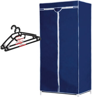 Set van mobiele opvouwbare kledingkast met blauwe hoes 160 cm en 10x plastic kledinghangers zwart