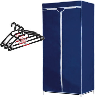 Set van mobiele opvouwbare kledingkast met blauwe hoes 160 cm en 15x plastic kledinghangers zwart