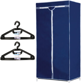 Set van mobiele opvouwbare kledingkast met blauwe hoes 160 cm en 20x plastic kledinghangers zwart - Campingkledingkasten