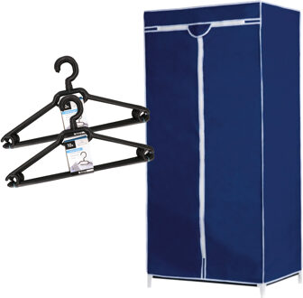 Set van mobiele opvouwbare kledingkast met blauwe hoes 160 cm en 20x plastic kledinghangers zwart - Campingkledingkasten