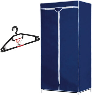 Set van mobiele opvouwbare kledingkast met blauwe hoes 160 cm en 5x plastic kledinghangers zwart