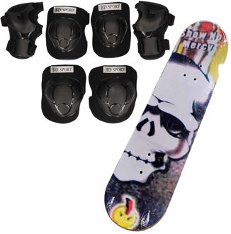 Set van skateboard 81 cm met doodskop print en valbescherming maat S - 4 tot 5 jaar - Lichaamsbeschermers Zwart