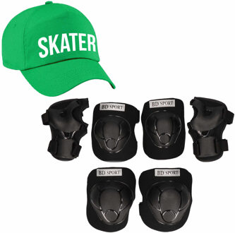 Set van valbescherming voor kinderen maat M / 6 tot 8 jaar met een stoere SKATER pet groen