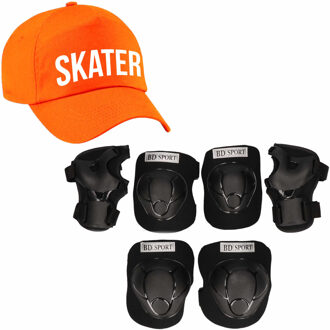 Set van valbescherming voor kinderen maat M / 6 tot 8 jaar met een stoere SKATER pet oranje