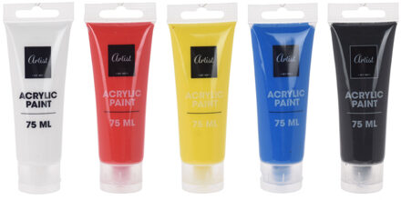 Setje acryl verf tubes 5 kleuren 75 ml