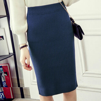 SETWIGG vrouwen Stretch Rib Gebreide Midi Potlood Rokken Elastische Taille Slanke Effen Knielengte Knit Bodycon Rokken marine