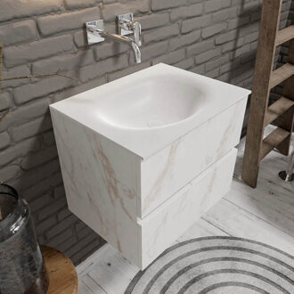 Sevilla Solid Surface badkamermeubel 60cm wit marmer zonder kraangat met 2 lades