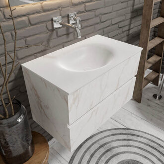 Sevilla Solid Surface badkamermeubel 80cm wit marmer zonder kraangat met 2 lades