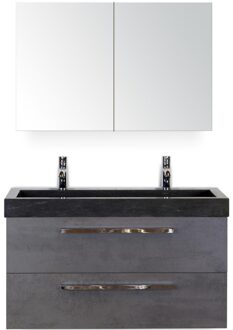 Seville Badmeubelset 100 cm - Beton Antrac - Wastafel Hardsteen Wit Lucca 2 Kraangaten met Spiegelkast