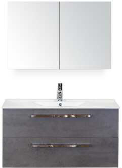 Seville Badmeubelset 100 cm - Beton Antraciet - Keramische Wastafel Wit Enjoy met Spiegelkast