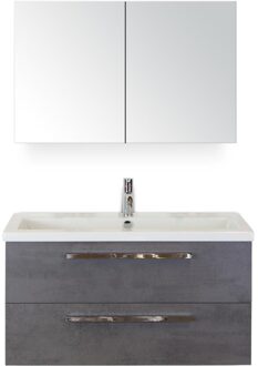 Seville Badmeubelset 100 cm - Beton Antraciet - Wastafel Djazz 1 Kraangat met Spiegelkast