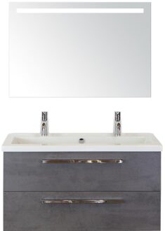 Seville Badmeubelset 100 cm - Beton Antraciet - Wastafel Djazz 2 Kraangaten met Sence Spiegel
