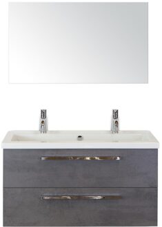Seville Badmeubelset 100 cm - Beton Antraciet - Wastafel Djazz 2 Kraangaten met Spiegel