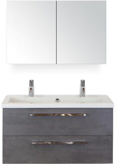 Seville Badmeubelset 100 cm - Beton Antraciet - Wastafel Djazz 2 Kraangaten met Spiegelkast