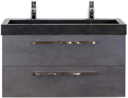 Seville Badmeubelset 100 cm - Beton Antraciet - Wastafel Hardsteen Wit Lucca 2 Kraangaten