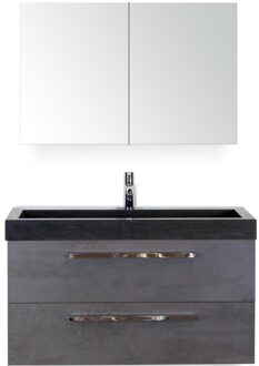 Seville Badmeubelset 100 cm - Beton Antraciet - Wastafel Hardsteen Wit Lucca met Spiegelkast
