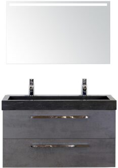 Seville Badmeubelset 100 cm - Beton Antraciet - Wastafel Lucca 2 Kraangaten met Sence Spiegel