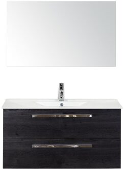 Seville Badmeubelset 100 cm - Black Oak - Keramische Wastafel Wit Enjoy met Spiegel