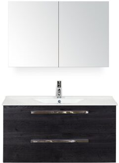 Seville Badmeubelset 100 cm - Black Oak - Keramische Wastafel Wit Enjoy met Spiegelkast