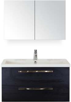 Seville Badmeubelset 100 cm - Black Oak - Wastafel Djazz 1 Kraangat met Spiegelkast