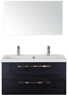 Seville Badmeubelset 100 cm - Black Oak - Wastafel Djazz 2 Kraangaten met Spiegel