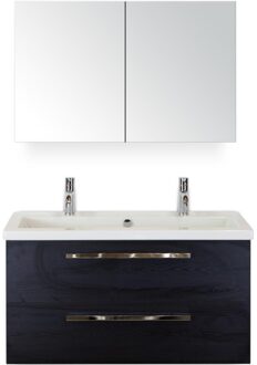 Seville Badmeubelset 100 cm - Black Oak - Wastafel Djazz 2 Kraangaten met Spiegelkast