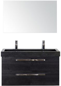Seville Badmeubelset 100 cm - Black Oak - Wastafel Hardsteen Wit Lucca 2 Kraangaten met Spiegel