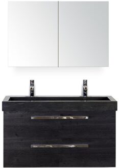 Seville Badmeubelset 100 cm - Black Oak - Wastafel Hardsteen Wit Lucca 2 Kraangaten met Spiegelkast