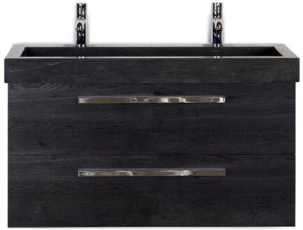 Seville Badmeubelset 100 cm - Black Oak - Wastafel Hardsteen Wit Lucca 2 Kraangaten