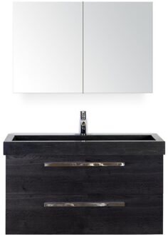 Seville Badmeubelset 100 cm - Black Oak - Wastafel Hardsteen Wit Lucca met Spiegelkast
