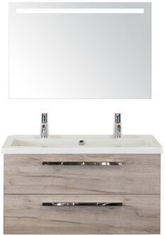 Seville Badmeubelset 100 cm - Craft Oak - Wastafel Djazz 2 Kraangaten met Sence Spiegel