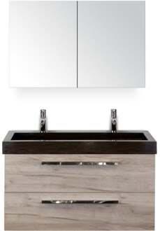 Seville Badmeubelset 100 cm - Craft Oak - Wastafel Lucca 2 Kraangaten met Spiegelkast