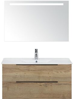 Seville Badmeubelset 100 cm - Natuur Eiken Edge Greep - Wastafel Enjoy met Sence Spiegel