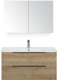 Seville Badmeubelset 100 cm - Natuur Eiken Edge Greep - Wastafel Enjoy met Spiegelkast