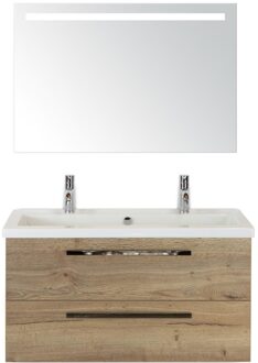 Seville Badmeubelset 100 cm - Natuur Eiken - Wastafel Djazz 2 Kraangaten met Sence Spiegel