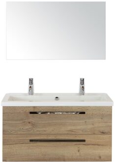 Seville Badmeubelset 100 cm - Natuur Eiken - Wastafel Djazz 2 Kraangaten met Spiegel